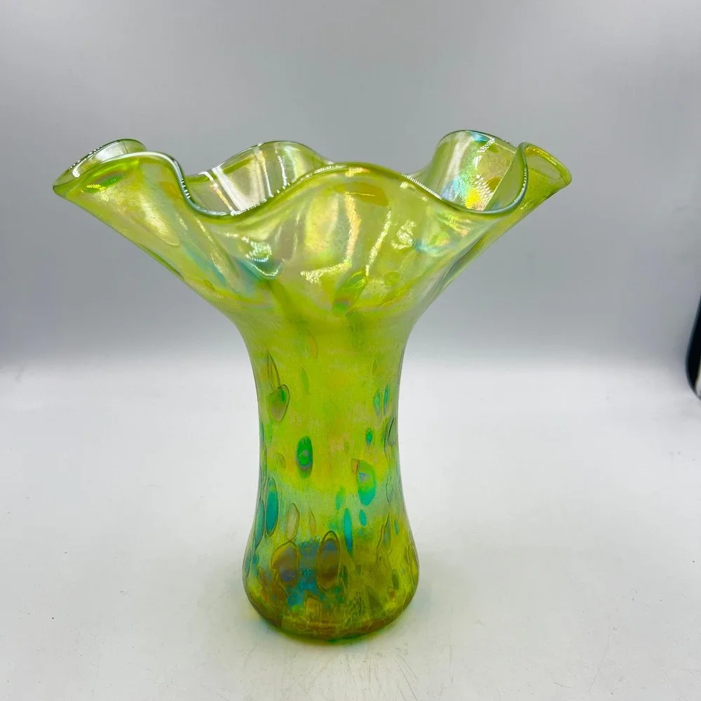 Glass Eye Studio Iridescent Hand Blown Art Glass Ruffle‎ Vase Green Blue